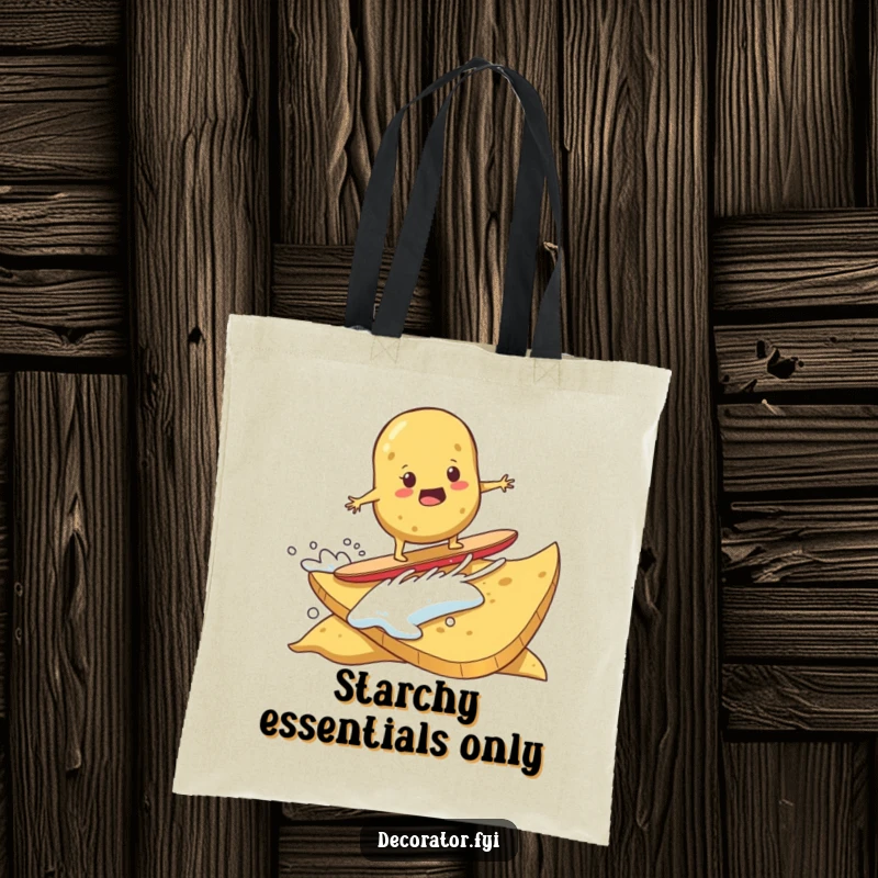 Funny tote bag with a determined potato surfing on a giant potato chip. A humorous and practical accessory.
