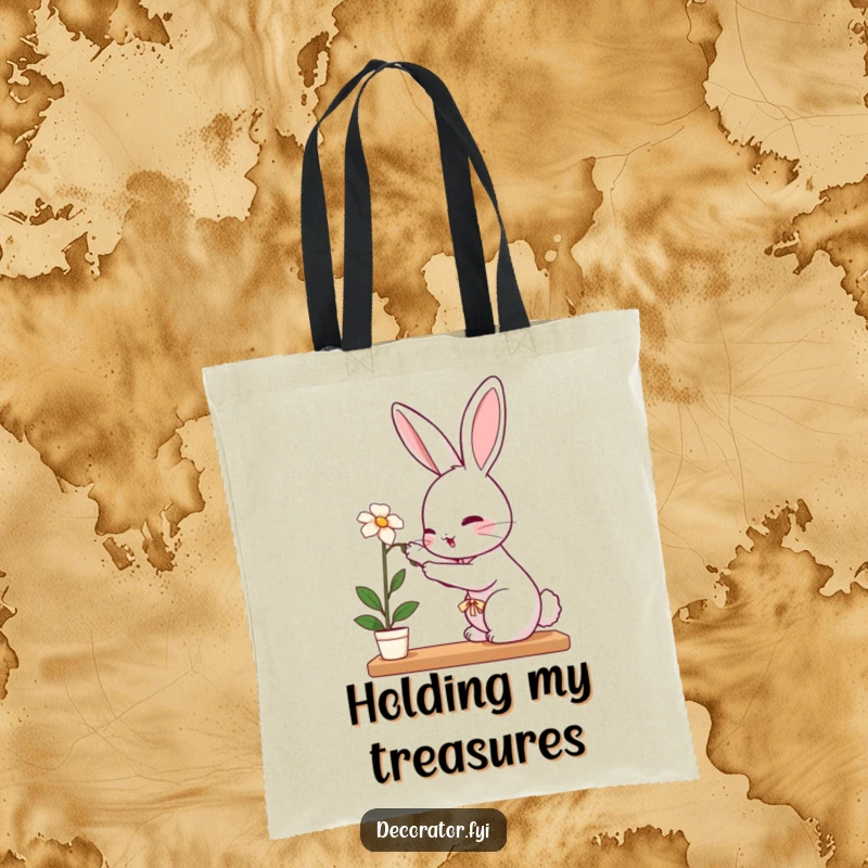 Funny rabbit tote bag featuring a perky rabbit carefully placing a delicate flower on a shelf, symbolizing nature's beauty.