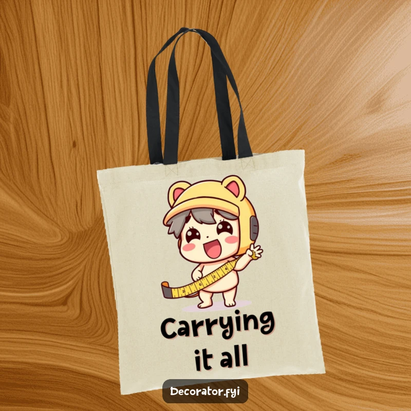 Funny Tote Bag: A delighted character using a tape measure with exaggerated zeal, ideal for carrying tools.