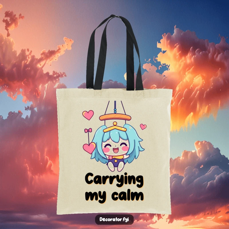 Funny Tote Bag: A joyful character artfully hanging a whimsical, colorful mobile, perfect for carrying joy.