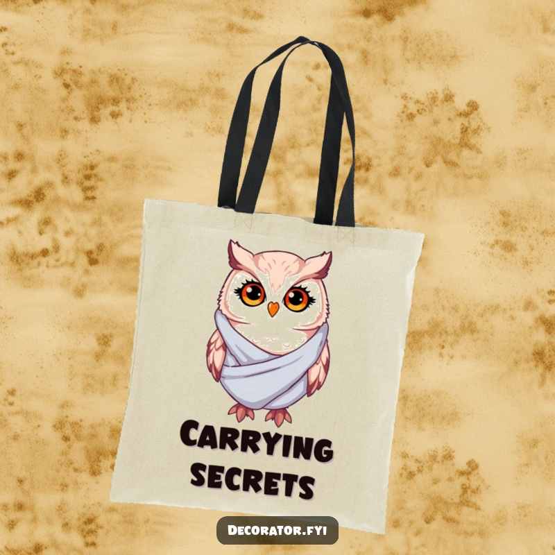 Funny Tote Bag: A whimsical owl with twinkling eyes drapes soft fabric, showcasing a humorous yet stylish design for everyday use.