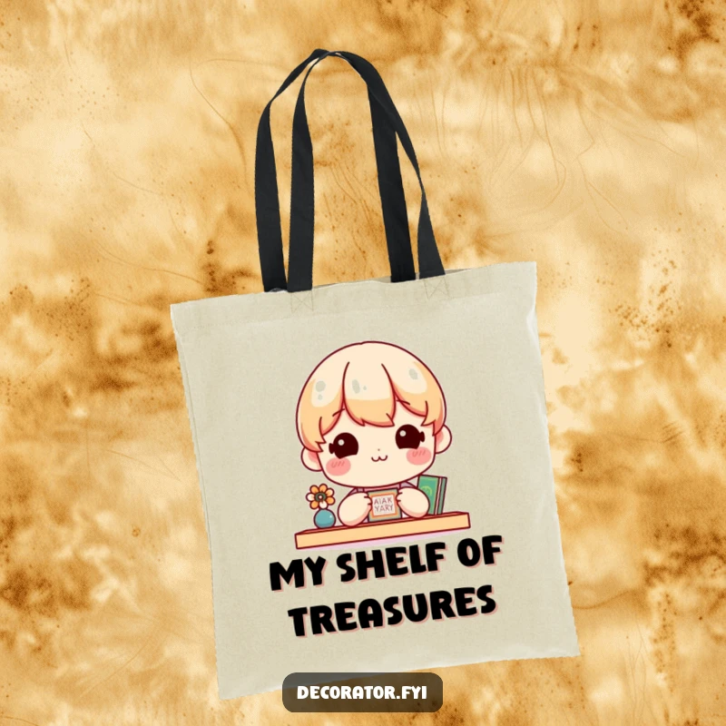 Funny Tote Bag with a cheerful character admiring a small, beautifully decorated shelf, perfect for carrying home decor finds.