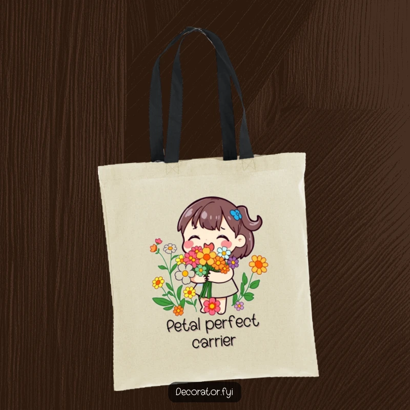 Funny tote bag with a playful character joyfully arranging colorful flowers into a bouquet, great for carrying flowers and supplies.